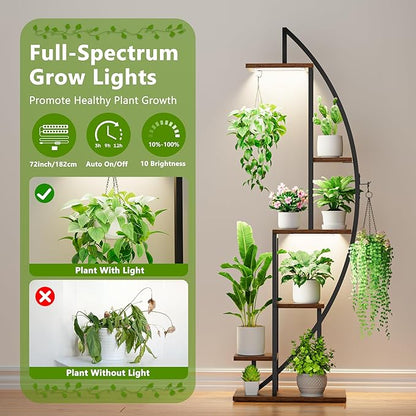 Plant Stand Indoor with Grow Lights, 6 Tiered Tall Plant Shelf, 63" Metal Plant Stand for Indoor Plants Multiple, Half-Moon Plant Rack Display Shelf, 2 Pcs Plant Holder for Living Room, Patio
