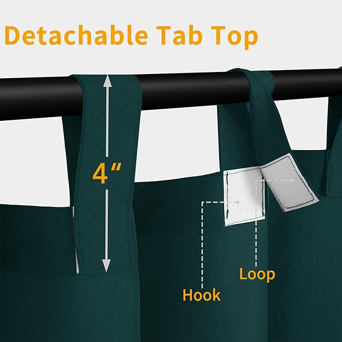 Easy-Going Outdoor Patio Curtains Detachable Tab Top Windproof Weatherproof Curtain for Cabana, Porch, Pergola and Gazebo, Tab Bottom Drape, 2 Panels, 110W x 84L inch, Teal