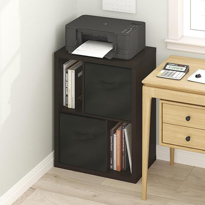 Furinno Viola Storage Shelf, 4-Tier Storage Rack with Bins, Book Shelf, Bookshelf, Display Rack with Drawer Bins, Extra Thick Frame, for Organization, Living Room, Home Office, Black Dark Oak