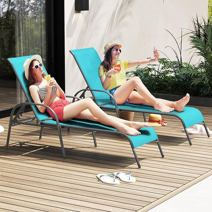 Giantex 2 Pack Patio Lounge Chair, Outdoor Chaise Lounge with 5 Adjustable Backrest, Sturdy Steel Frame, Sunbathing Recliner, Tanning Chair for Beach, Outside, Yard, Balcony, Pool Chairs (2,Turquoise)