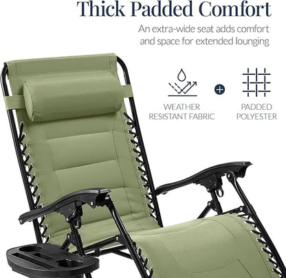 Best Choice Products Oversized Padded Zero Gravity Chair, Folding Outdoor Patio Recliner, XL Anti Gravity Lounger for Backyard w/Headrest, Cup Holder, Side Tray, Polyester Mesh - Sage Green