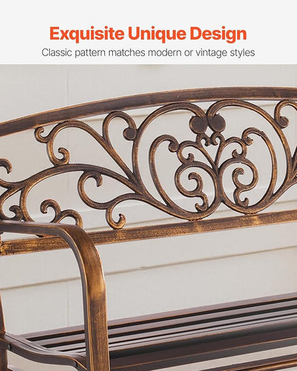 VEVOR Outdoor Bench, 50 inch, Carbon Steel Metal Frame with Cast Iron Backrest and Round Edge Armrests, Weatherproof Outside Glider Bench for Patio, Garden, Park, Yard, Front Porch, Antique Bronze