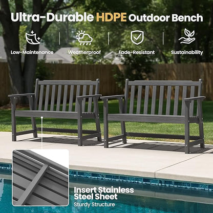 Ciokea 48" Outdoor Bench Set of 2, HDPE Weatherproof Garden Bench, 2-Person Memorial Benches with 550 Lbs, Waterproof Patio Porch Benches for Outside Balcony Deck Backyard, Dark Grey