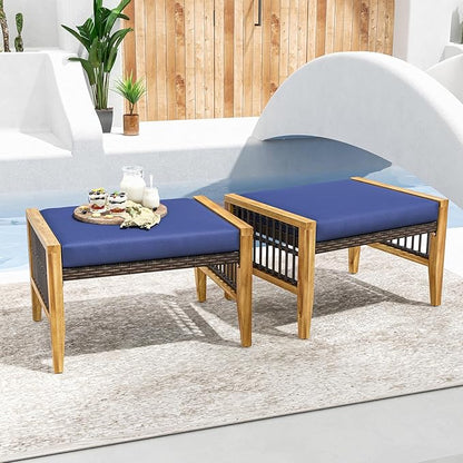 Tangkula Set of 2 Outdoor Ottomans, Patio Acacia Wood Ottomans with Cushions, Versatile Rattan Woven Footstools, Wicker Footrest Extra Seating for Backyard, Poolside, Porch