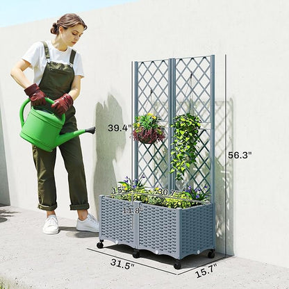 Outsunny Planter Box with Trellis, Self Watering Raised Garden Bed with Lockable Wheels, 56.3" Trellis Privacy Planter with Drainage Holes for Climbing Plants, Vines, Vegetables, Flowers, Gray