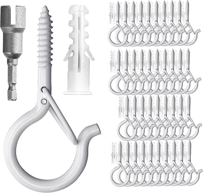 PlusRoc 40 Pack Ceiling Hooks for Hanging Plants Outdoor String Lights Heavy Duty, 2.2 Inch Eye Hook Screw in Cup Hooks Q-Hanger for Patio Lights, Wall Wood Fence Deck Mount(White)