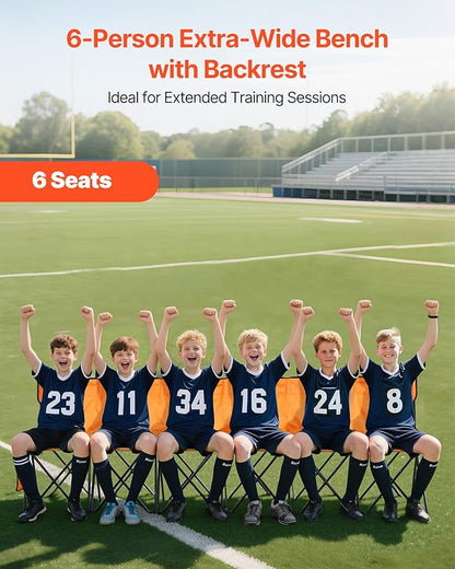 VEVOR Portable Folding Bench, 6 Seat Foldable Soccer Bench with Side Pockets and Carrying Bag, Lightweight Sideline Seating with Back Rest for Football, Baseball, Camping, Outdoor Events, Orange