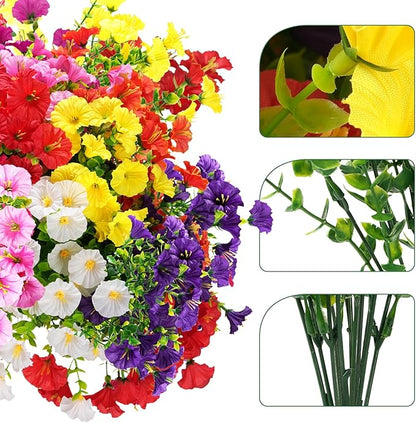 Artificial Flowers for Outdoors, UV Resistant Fake Silk Morning Glory, Realistic Faux Plants for Outside Porch Patio Window Box Hanging Planter (16, Purple Fuchsia)