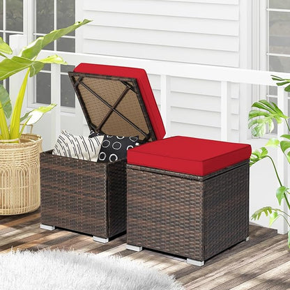 RELAX4LIFE Wicker Outdoor Storage Ottoman, 2-Piece Rattan Footstool w/Removable Cushion, Multipurpose Footrest Stool Side Table Additional Seating, Set of 2 Outdoor Ottomans for Patio Deck (Red)