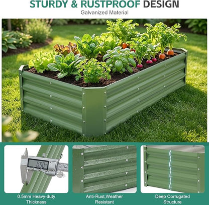 Galvanized Raised Garden Bed - 4x2x1ft (2Packs) Metal Garden Planter Box Outdoor | Steel Raised Bed Kit with Bracing Rods, Gloves for Gardening Vegetables Fruits and Flowers (Oliver Green)
