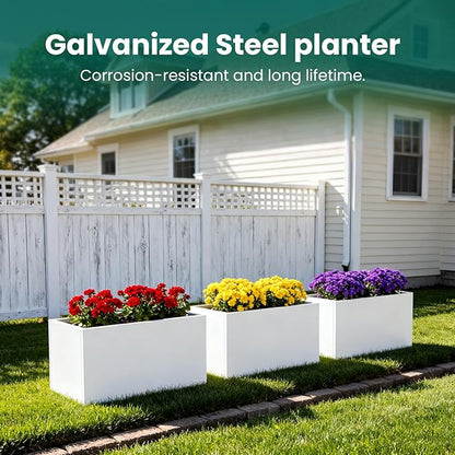 White Steel Planter Rectangular Outdoor Indoor Planter Box Galvanized Steel Metal 32" L x 16" W x 16" H Large Planters Flower Pot Modern Commercial Residential for Trees Patio Yard Garden