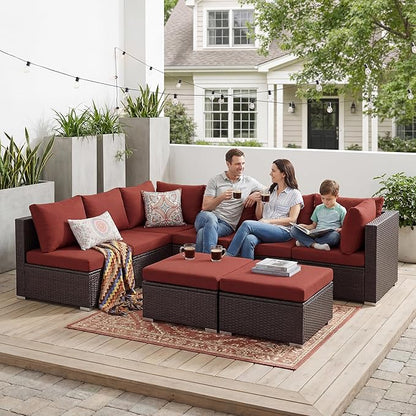 NICESOUL 29.3'' High Back Wicker Patio Furniture Set for 8 Person, Extra Big Outdoor Modular Sectional with Ottoman, Deep Seated Relax Conversation Sets for Backyard Deck, Brown and Red