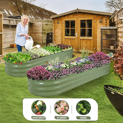 Galvanized Raised Garden Bed - 8x2x1FT Metal Planter Boxes Outdoor | Oval Steel Raised Bed Kit for Gardening with Protective Tape, Bracing Rods, Gloves for Vegetables, Flower, Herb (Green)
