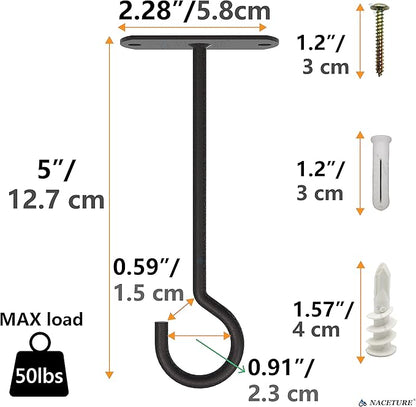 NACETURE Ceiling Hooks Heavy Duty 2 Pack - Plant Hooks for Ceiling Hanging Hook for Hanging Basket Hook, Light, Bird Feeders, Wind Chimes Décor Indoor & Outdoor (Black, 5 Inch 2 Pack)