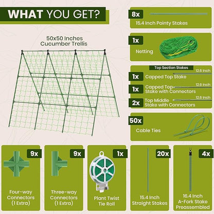 50x50 Cucumber Trellis for Raised Bed - A Frame Garden Trellis for Climbing Plants Outdoor - Cucumbers, Pea, Zucchini, Squash,Tomato, Green Bean, Vine, Watermelon, Melon, Pumpkin