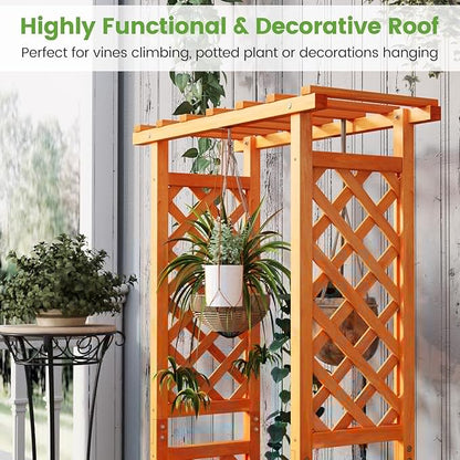 Giantex Raised Garden Bed with 2-Sided Trellis & Hanging Roof, Fir Wood Planter Box w/Drainage Holes, Bottom Gaps, Freestanding Garden Planter for Flowers Herbs Climbing Vines (31" x 12.5" x 60")