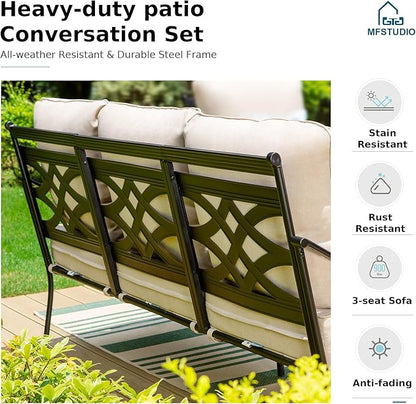 MFSTUDIO 5 Seats Large Metal Patio Conversation Sets, 4 Pieces Outdoor Furniture Sofa with 2 Fixed Chairs, 1 Sofa(3-seat) and Table for Outside Balcony Backyard Poolside