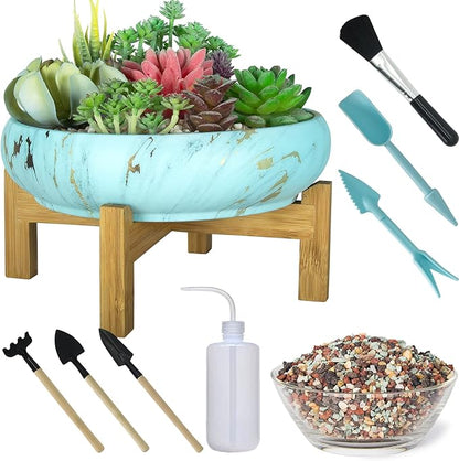 Succulent Pots, 10 Inch Large Succulent Planter Pots with Drainage - Ceramic Marble Bonsai Pot with Stand Shallow Planter for Cactus Flower Plants Plus Succulent Planting Tools Set & 2.2lb Mix Pebbles