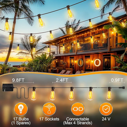 Outdoor String Led Patio Lights - 50Ft 15M Outside Waterproof Light With Remote Dimmable ST38 Shatterproof Bulb Connectable Hanging Outdoor Electric Lighting For Backyard Yard Gazebo Porch Party