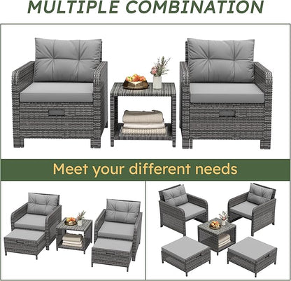 LHBcraft Outdoor Furniture 5 Piece Patio Conversation Set, PE Rattan Patio Set with Soft Cushions & Coffee Table, Outside Furniture with Hidden Ottoman for Porch, Lawn, Garden, Balcony, Grey