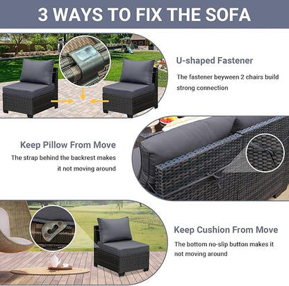 Jing's Villa 6-Piece Patio Furniture Set, All-Weather Outdoor Wicker Sectional Sofa with Cushions, Glass Table & Left and Right Armrest, Rattan Conversation Seating for Porch, Garden, Backyard,Grey