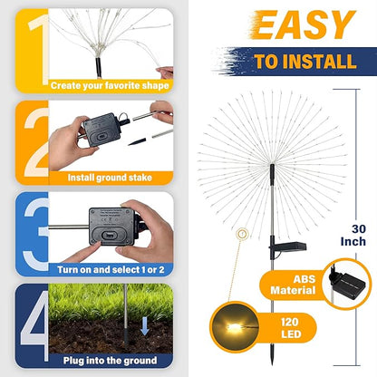 Solar Garden Lights Outdoor Decorative, 2pack 120 LED Firework Lights Waterproof，Solar Fairy Lights for Outside,Garden,Yard, Patio,Pathway,Flowerbed,Party(Multicolor)