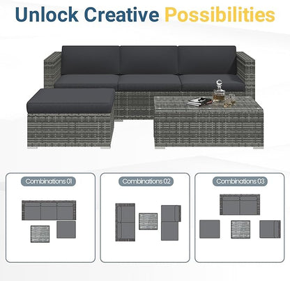 Wisteria Lane 5-Pieces Outdoor Patio Furniture Set, All Weather Wicker Rattan Sectional Sofa, Patio Conversation Set with Cushions & Glass Coffee Table for Backyard Porch Garden Balcony, Grey