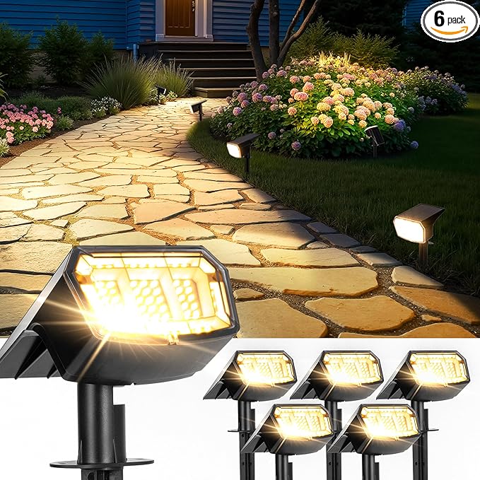 Solar Spot Lights Outdoor IP67 Waterproof 6 Pack, 63 LED 3 Modes Solar Landscape Spotlights for Yard Garden Pathway Wall House Garage (Warm White)