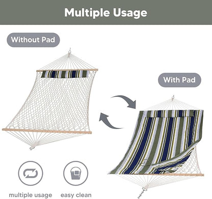 SUNCREAT Hammocks Outdoor Double Hammock with Hardwood Spreader Bar, Cotton Rope Hammock with Polyester Pad, Blue&Aqua