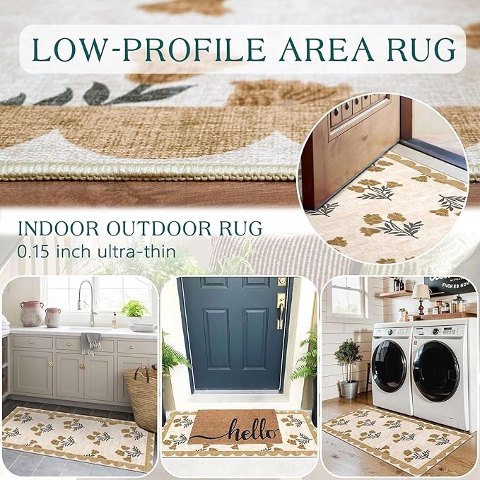 Outdoor Rugs, Beige Floral Scalloped Edge Entryway Mat, 2 x 4.3 ft