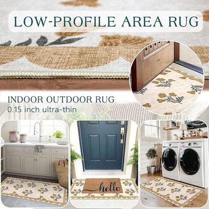 Outdoor Rugs, Beige Floral Scalloped Edge Entryway Mat, 2 x 4.3 ft