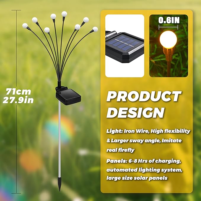 Solar Lights Outdoor-8Pack 64LEDs Solar Garden Firefly Lights Outside,Solar Powered Light Outdoor and Garden Decorative IP65 Waterproof,Yard Patio Pathway Decor,Gardening Gifts for Women,Warm White