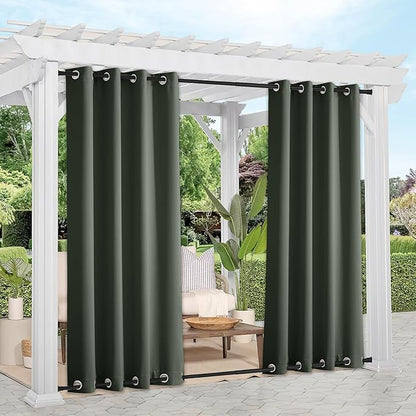 NICETOWN 2 Panels Greyish Green Blackout Bottom Weighted Outdoor Curtains for Patio, Top and Bottom Rustproof Grommet Windproof & Waterproof Thermal Outdoor Gazebo Curtains, W52 x L84