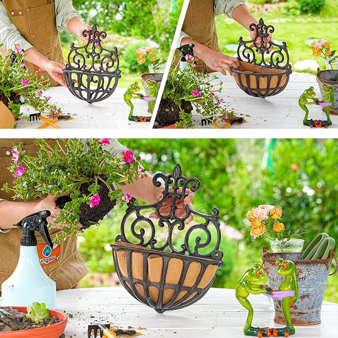 Hanging Planters 2 Pack, Rustic Brown Cast Iron Wall Baskets