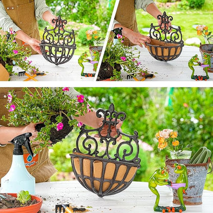 Hanging Planters 2 Pack, Rustic Brown Cast Iron Wall Baskets