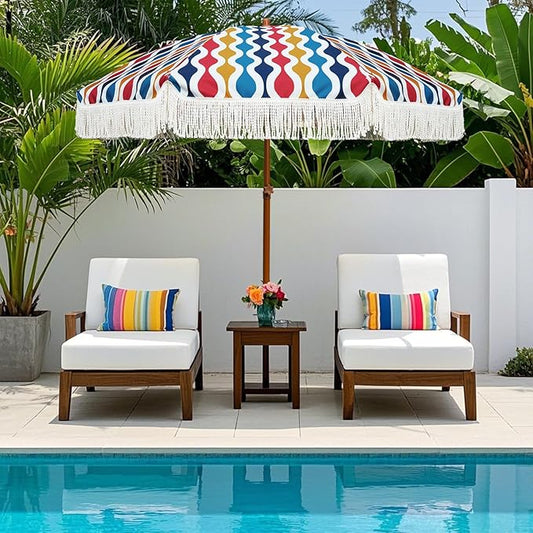Patio Umbrella with Fringe Outdoor Tassel Umbrella UPF50+ Premium, 7ft