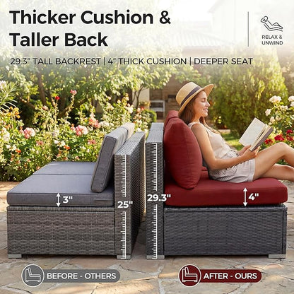 NICESOUL 7 Piece Outdoor Patio Furniture with Firepit Table Natural Gas & Propane Convertible, 29.3'' High Back L Shaped Couch Sectional, Extra Large Rattan Patio Modular Set for Backyard, Burgundy