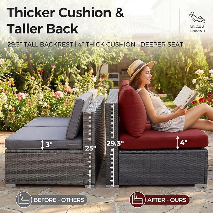 NICESOUL 11 Piece L Shape Patio Furniture Set, 29.3'' High Back Comfy Rattan Outdoor Conversations, Big Size Deep Seated Contemporary Sectionals for Backyard Deck Porch, 2 Color Cushion Red & Gray