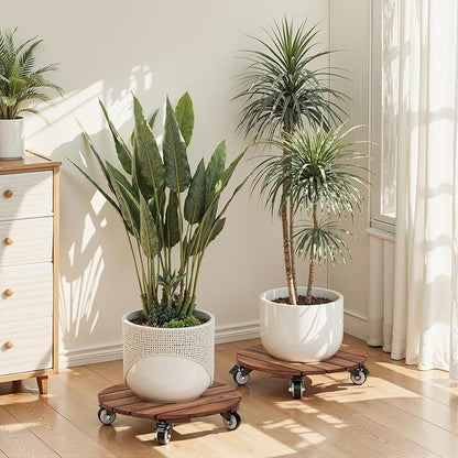 2pack Wood Plant Caddy With Wheels Heavy Duty Red Brown, 264 Lbs Capacity, 12 Inch Acacia Hardwood Plant Roller, Plant Stand with 360° Lockable Wheels, Plant Caster for Heavy Objects Hauling