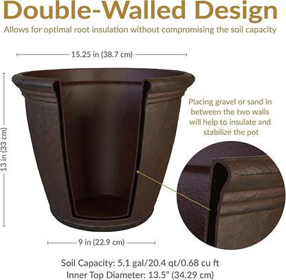 Sunnydaze 15.25-Inch Anjelica Large Plastic Pot for Plants - Outdoor Double-Walled Large Plastic Planter with Drillable Drainage Holes - Rust - 2pk
