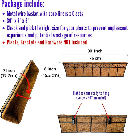 LaLaGreen Wall Mounted Planters - 30 Inch, 6 Pack Black Window Flower Boxes Basket Outdoor, Balcony Planter Over The Rail, Deck Railing Hanging with Coco Liners, Metal Horse Troughs Fence Patio Porch