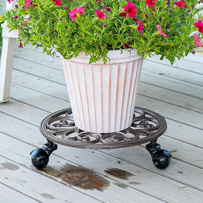 Sungmor Heavy Duty Cast Iron Plant Caddy,11" Round Potted Plant Stand Flower Pot Rack on 3 Solid Wheels,Indoor Outdoor Planter Holder Trolley Casters Rolling Tray