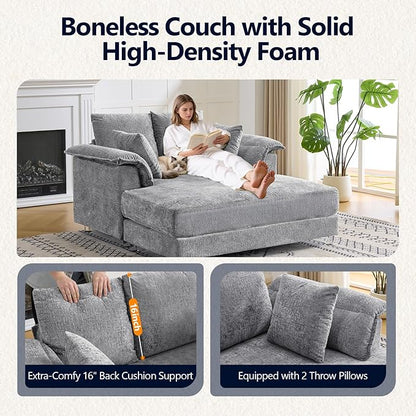 VINGLI Modern Floating Chaise Lounge Chair with Acrylic Legs, Upholstered Cushion Deep Seat Lounge Sofa with Iron-Wood KD Frame, Pillow Armrest, Accent Chair for Living Room, Play Room Apartment