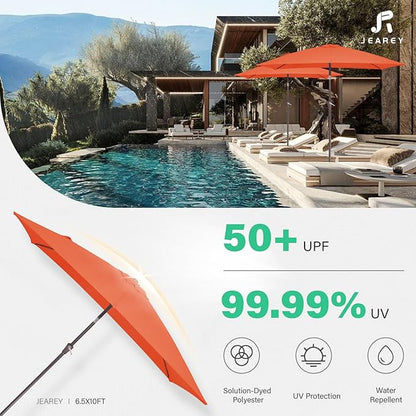 JEAREY 6.5x10 ft Rectangular Patio Umbrellas Rectangle Outdoor Umbrella with Push Button Tilt and Crank, Market Table Umbrella 6 Sturdy Ribs UV Protection for Poolside Garden Backyard Deck, Orange
