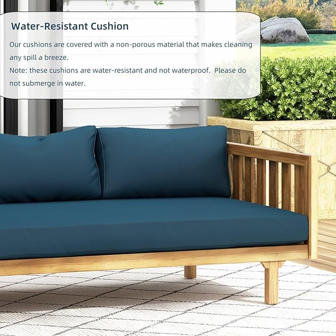 Merax Solid Acacia Wood Couch Chaise Lounge Chair Indoor, 3 Seater Daybed Sofa Couches with Cushions & Pillow, Heavy Frame Day Bed for Living Room, Office, Outdoor, Balcony, Patio, Water Resistant