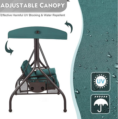 HOMREST 3 Seat Outdoor Porch Swing with Adjustable Canopy, Convertible Patio Swing Bed with Stand, Patio Glider Swing with Upgraded Cup Holder, Thicken Cushions ＆ Pillow for Backyard（Green）