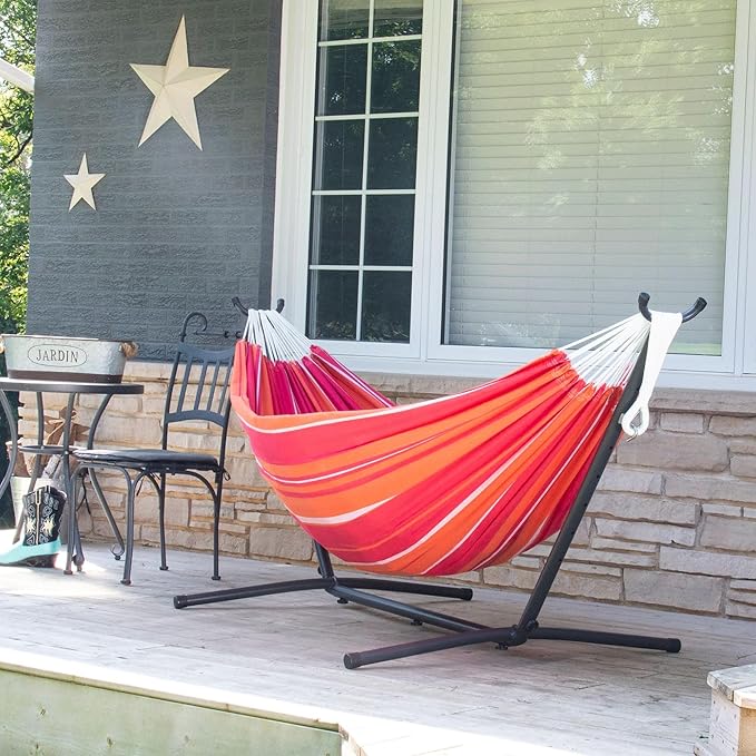 Vivere Double Cotton Hammock with Space Saving Steel Stand, Upgraded Polyester End Strings 450 lb Capacity - Premium Carry Bag Included - USA Grown Cotton (Mimosa)