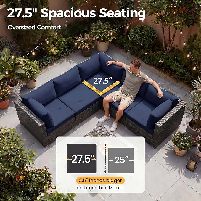 NICESOUL 6 Piece Modern Wicker Patio Furniture Set with Firepit Natural Gas/Propane, 29.3'' High-Back Deep Wide Seat Outdoor Conversation for Backyard, Oversized Sofa Couch, 2 Color Cushion Navy&Gray