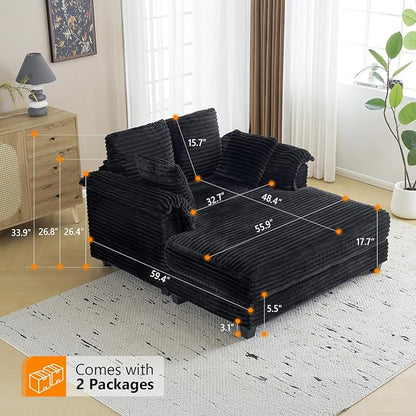 VINGLI 56" Oversized Chaise Lounge Chair, Black Comfy Corduroy Chaise Sofa Recliner Bed Upholstered Sleeper Couch Bed with Throw Pillows and Armrests for Living Room, Movie Room, Bedroom