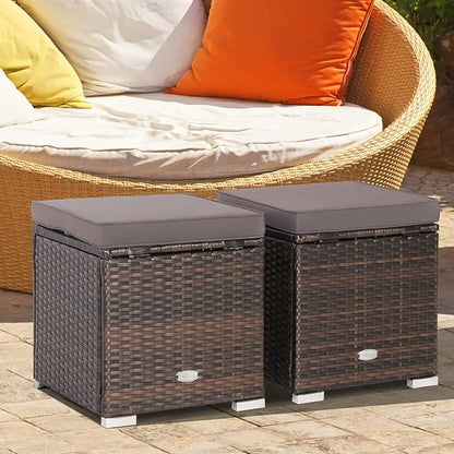 Tangkula 2 Pieces Patio Ottomans, Patiojoy Hand-Woven PE Rattan Side Table with Removable Cushion & Hidden Storage Space, Multifunctional Storage Box, Seats for Patio, Backyard, Poolside (Grey)